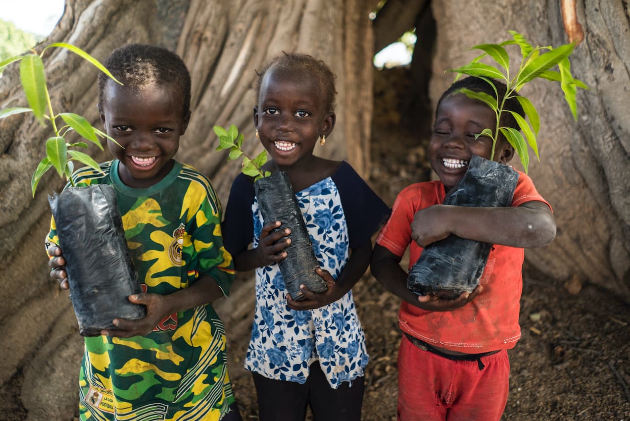three smiling children each holding a small tree ready to be planted