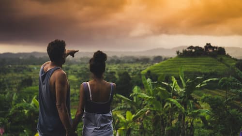 Couple overlooking Bali forest and rice fields
