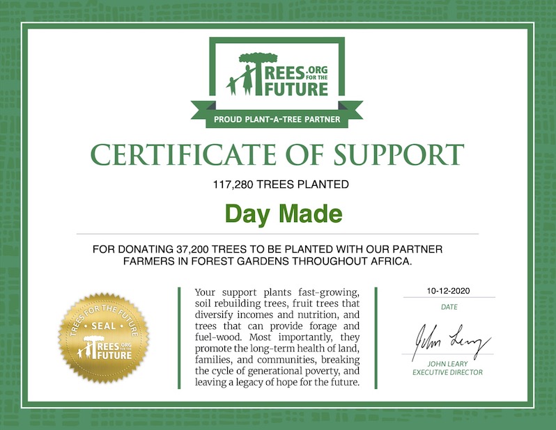 Certificate of support from Trees For The Future showing that the trees have been donated by DAYMADE