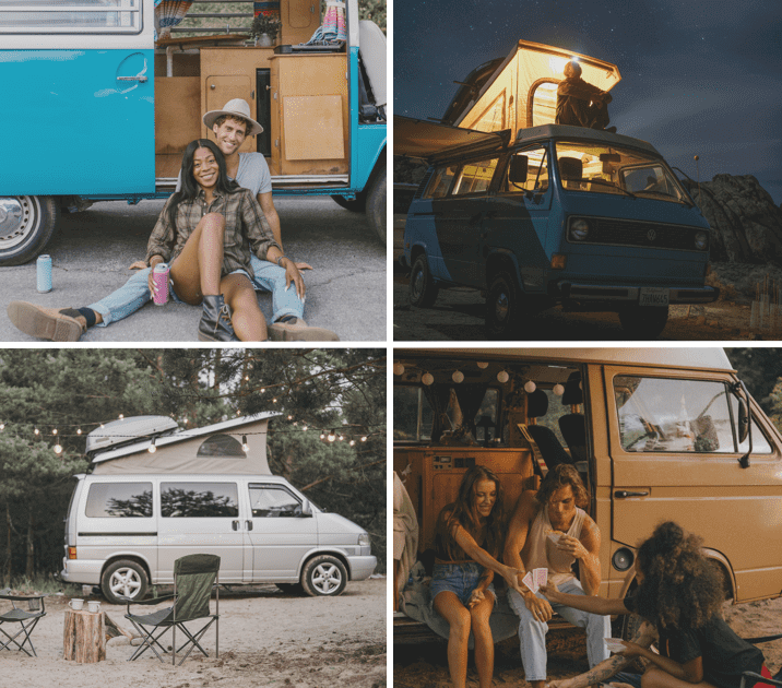 grid of images showing friends on holiday camping in old VW camper-van