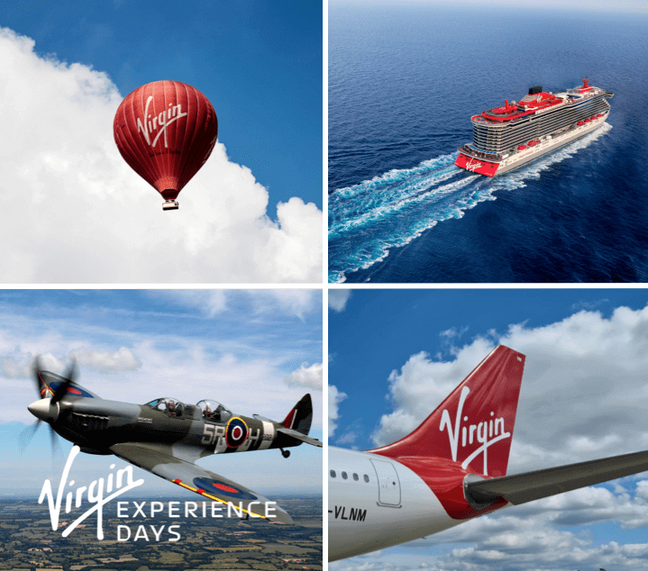 grid of images showing various Virgin Experiences, including hot air balloon, cruise ship, Spitfire fighter-plane, commercial airliner