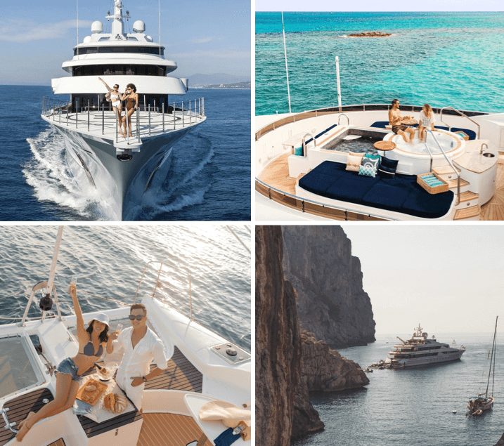 grid of images showing different parts of a luxury private yacht with a jacuzzi on the back