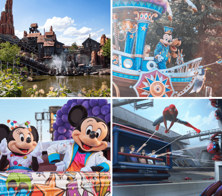 grid of images showing various attractions is Disneyland Paris, such as Spiderman and Mickey Mouse